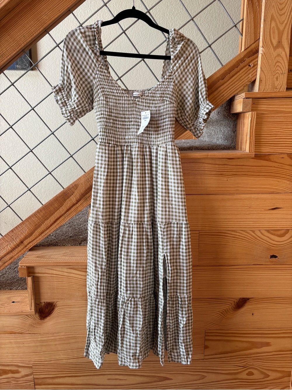 Abercrombie & Fitch Sage Gingham Tiered Midi Dress